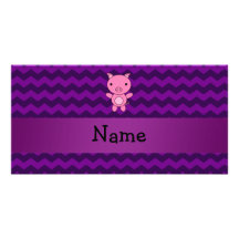Personalized name cute pig purple chevrons custom photo card