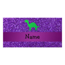 Personalized name dino purple glitter picture card