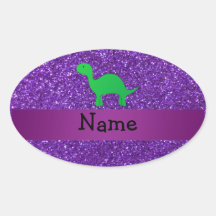 Personalized name dino purple glitter oval stickers
