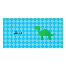 Personalized name dinosaur blue argyle photo cards