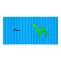Personalized name dinosaur blue stripes custom photo card