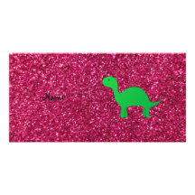 Personalized name dinosaur pink glitter photo cards
