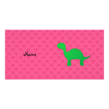 Personalized name dinosaur pink hearts picture card