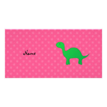 Personalized name dinosaur pink polka dots custom photo card