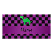 Personalized name dinosaur purple checkers photo cards