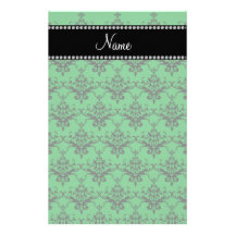 Personalized name Green black damask Stationery Design
