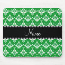 Personalized name green white damask mousepads