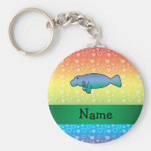 Personalized name manatee rainbow hearts keychain