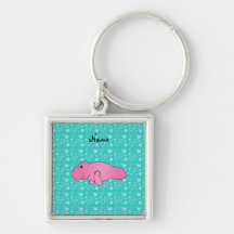 Personalized name pink manatee turquoise hearts keychain