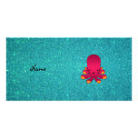 Personalized name pink octopus turquoise glitter personalized photo card