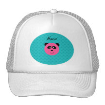 Personalized name pink panda head turquoise hearts trucker hat