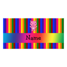 Personalized name pink pig rainbow stripes picture card