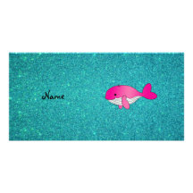 Personalized name pink white turquoise glitter customized photo card