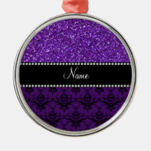 Personalized name purple glitter damask christmas tree ornament