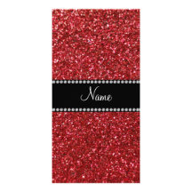 Personalized name red glitter photo greeting card