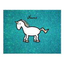 Personalized name retro unicorn turquoise glitter postcards
