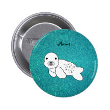 Personalized name seal pup turquoise glitter buttons