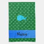 Personalized name turquoise whale green hearts kitchen towels