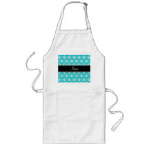 Personalized name turquoise white damask aprons