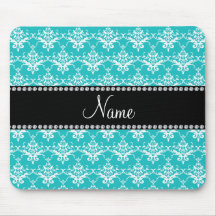 Personalized name turquoise white damask mouse pad