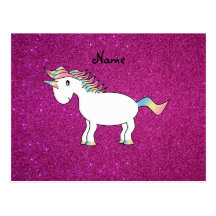 Personalized name unicorn pink glitter postcard