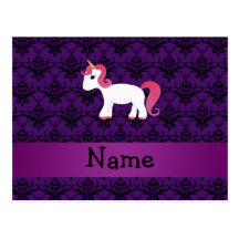 Personalized name unicorn purple damask post cards