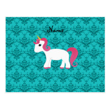 Personalized name unicorn turquoise damask postcard