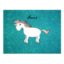 Personalized name unicorn turquoise glitter post card