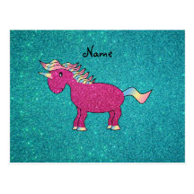Personalized name unicorn turquoise glitter post card