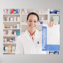 Pharmacist holding prescription in drug store posters
