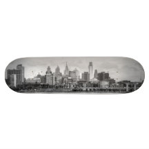 Philadelphia skyline in black and white skateboard