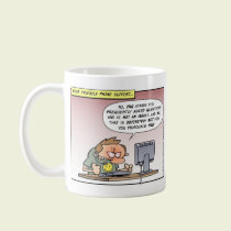 Phone support explaining FAQ mugs