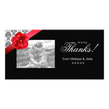 Photo Card with red floral bow & damask