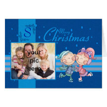 photo christmas card in blue with skating children