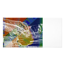 piano hands invert over orange guitar neck hands photo card