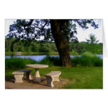 Picnic table summer lunch meeting near the river cards
