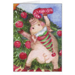Pig with a Candy Cane admiring Christmas Tree Greeting Card