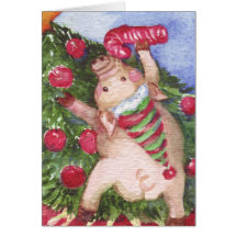 Pig with a Candy Cane admiring Christmas Tree Greeting Card