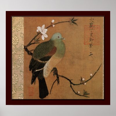 Pigeon on the Peach Tree Vintage Japanese Floral Posters