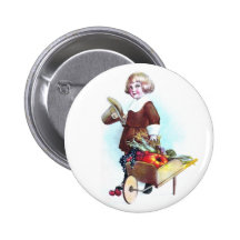 Pilgrim Boy and Wheelbarrow of Fruits & Veggies Pinback Button