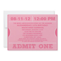 Pink Admit One Ticket Invitation Birthday Party