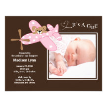 Pink Aeroplane Baby Girl Birth Annoucement Announcement