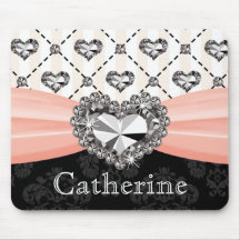 Pink and Black Damask Diamond Mouse Pad Heart