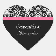 Pink and Black Damask Heart Damask Sticker Seal