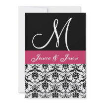 Pink and Black Damask Wedding Monogram Invitation