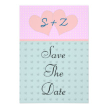 Pink and blue  hearts initialled save the date invitation
