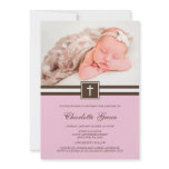 Pink and Brown Cross Girl Photo Baptism invitations