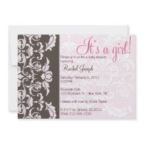 Pink and Brown Damask Baby Girl Shower Invite