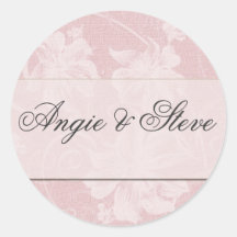 Pink and charcoal grey damask wedding stickers