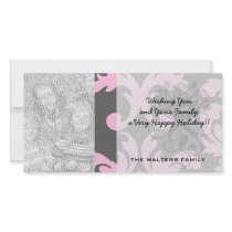 pink and deep grey large damask personalised photo card